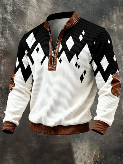 Men's Vintage Color-Block Printed Zip-Up Hoodie