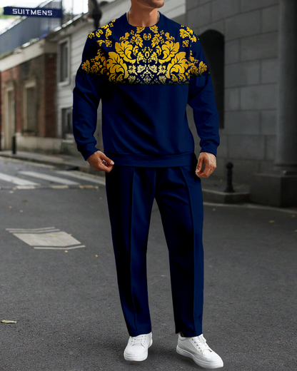 Men's Dark Blue Round Neck Casual Sports Set 071