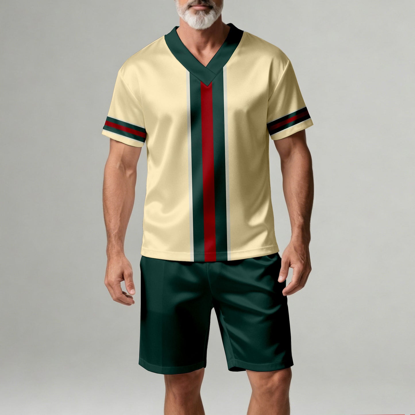 Men's Casual Off White Geometric Print V-Neck Short-Sleeve T-Shirt And Shorts Two-Piece Set