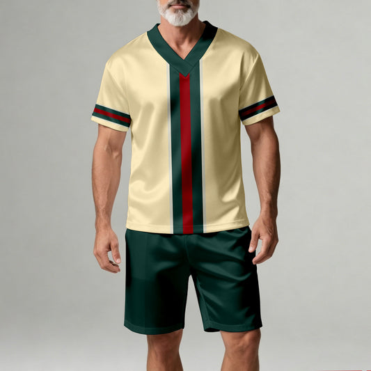 Men's Casual Off White Geometric Print V-Neck Short-Sleeve T-Shirt And Shorts Two-Piece Set