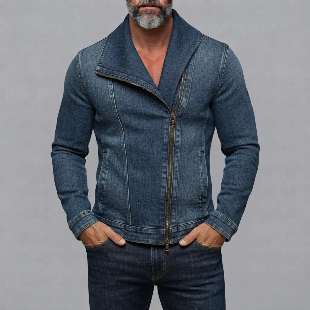 Men's Vintage Denim Lapel Collar Slant Pocket Slim Asymmetrical Zip-Up Jacket