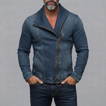 Men's Vintage Denim Lapel Collar Slant Pocket Slim Asymmetrical Zip-Up Jacket