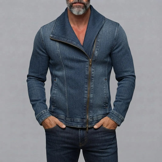 Men's Vintage Denim Lapel Collar Slant Pocket Slim Asymmetrical Zip-Up Jacket