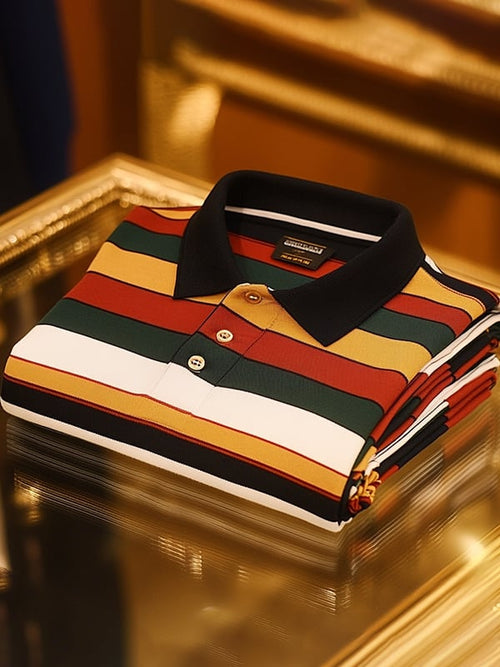 Men's Retro Business Stripe Print Long Sleeve Polo Shirt