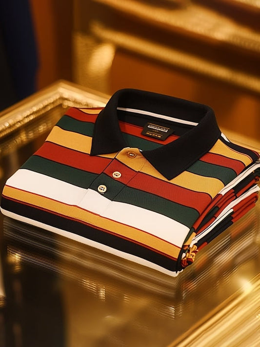 Men's Retro Business Stripe Print Long Sleeve Polo Shirt