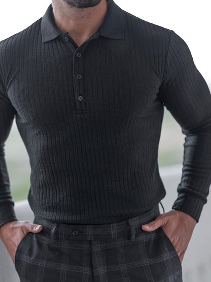 Casual Sports Stretch Vertical Stripe Polo Knit Shirt