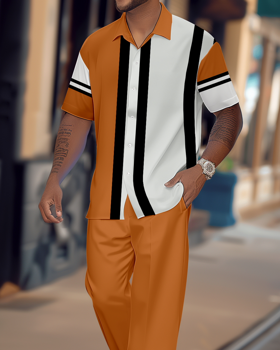 Men's Gorgeous Color Block Short Sleeve Shirt Walking Suit 1157