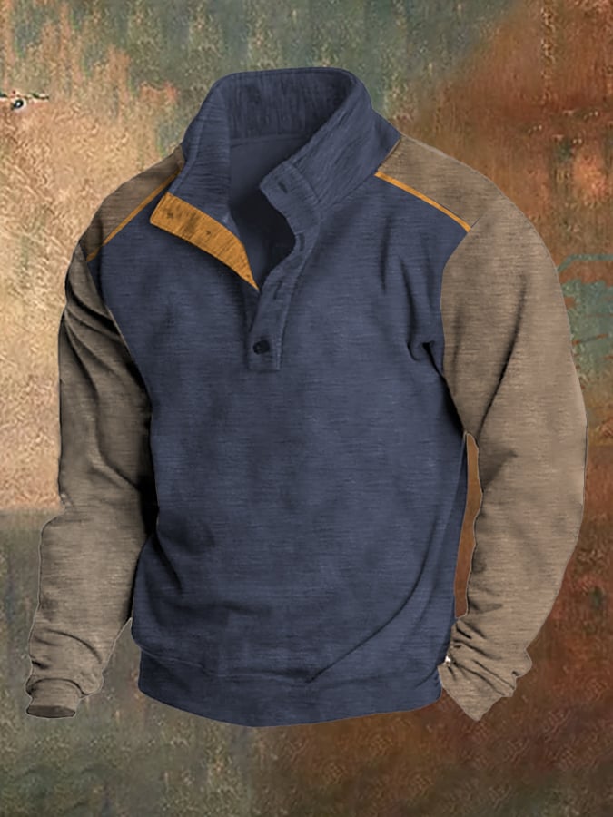 Men's Fleece Retro Color Patchwork Stand Collar Sweatshirt