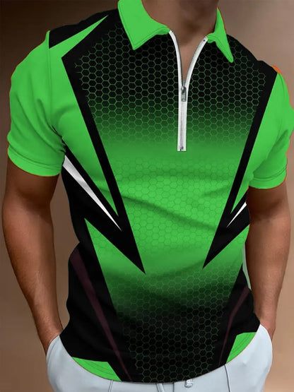 Men's Casual Color Block Zip-Up Polo Shirt