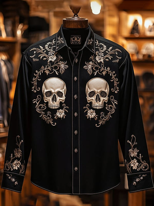 Men's Retro Casual Skull Print Long Sleeve Shirt
