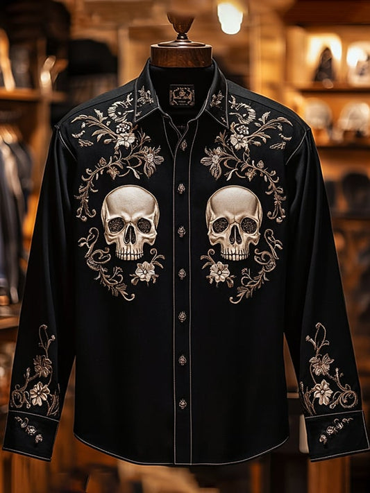 Men's Retro Casual Skull Print Long Sleeve Shirt