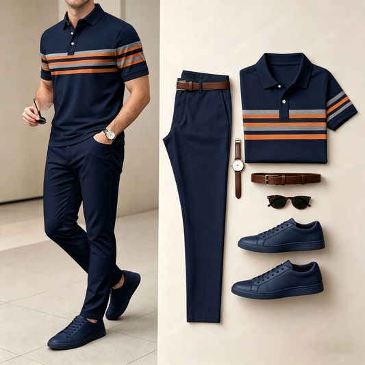 Men's Casual Striped Printed Short-Sleeve Polo Shirt And Pants Set (Excludes Accessories Such As Watches And Belts)