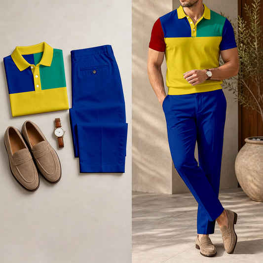 Men's Casual Yellow Printed Polo Shirt And Pants Two-Piece Set