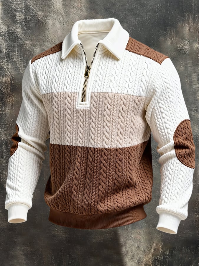 Men's Retro Jacquard Textured Patchwork Comfortable Color-Blocked Zip-Up Sweatshirt