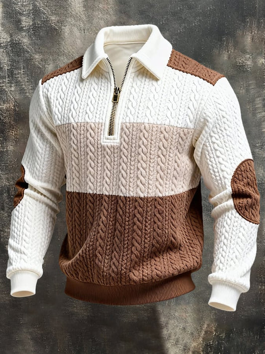 Men's Retro Jacquard Textured Patchwork Comfortable Color-Blocked Zip-Up Sweatshirt