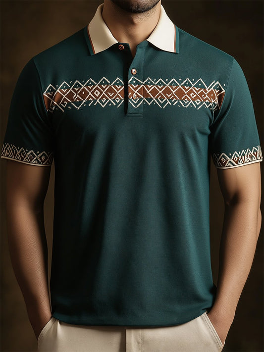 Men's Business Stripe Logo Button-Down Short Sleeve Polo Shirt