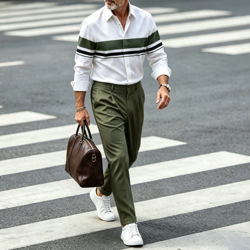 Men's Horizontal-Striped Collared Long-Sleeve Shirt and Pants Set