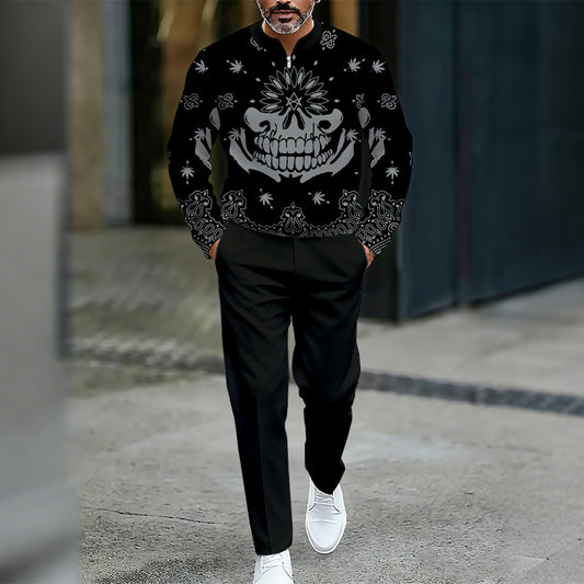 Men's Casual Color Matching Printed Round-Neck Zipper Long Sleeved Trousers Two-Piece Set