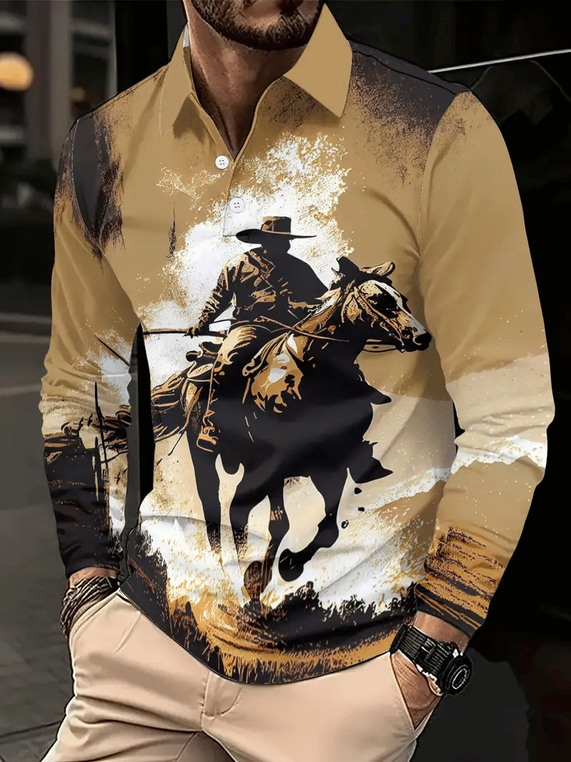 Men's Vintage Western Cowboy Print Long Sleeve Polo Shirt