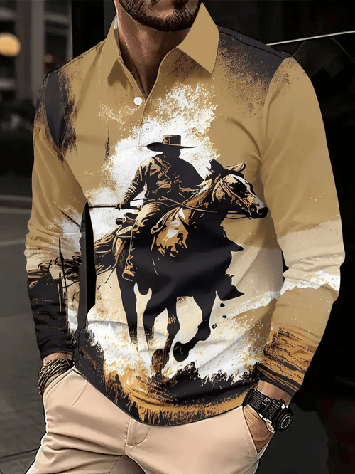 Men's Vintage Western Cowboy Print Long Sleeve Polo Shirt