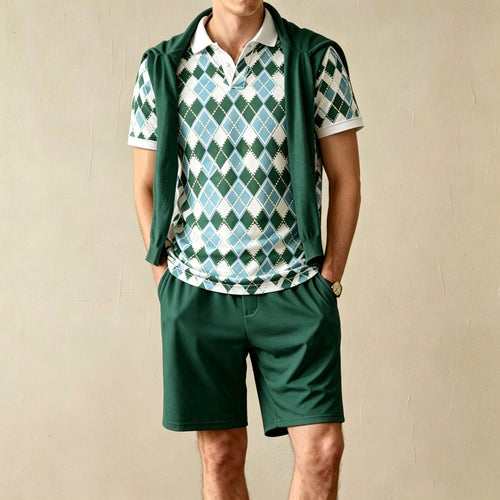 Men's Casual Diamond-Patterned Short-Sleeve Polo Shirt and Shorts Two-Piece Set
