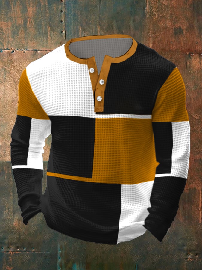 Men's Casual Contrast Waffle Henley
