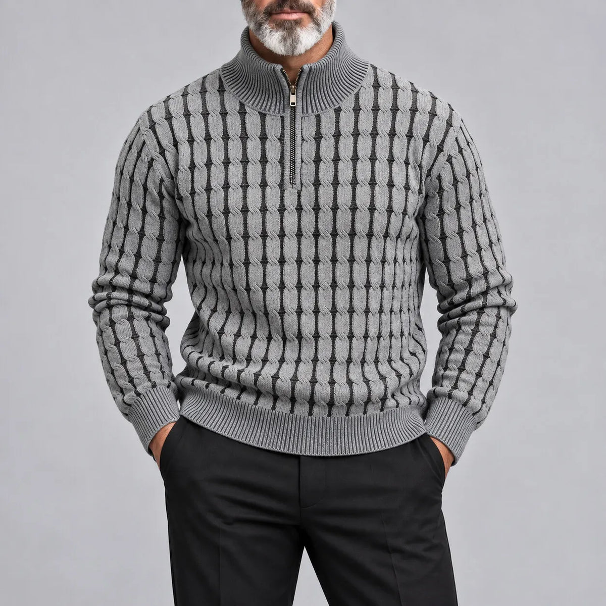 Men's Gray Cable Knit Stand Collar Quarter Zip Casual Pullover Sweater