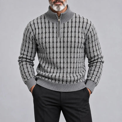 Men's Gray Cable Knit Stand Collar Quarter Zip Casual Pullover Sweater