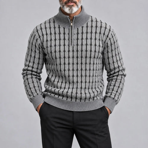 Men's Gray Cable Knit Stand Collar Quarter Zip Casual Pullover Sweater