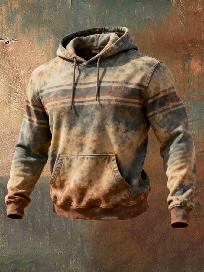 Men's Retro Distressed Color Block Print Casual Long Sleeve Sweatshirt