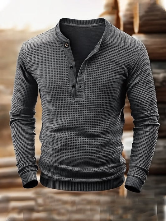 Men's Vintage Waffle Color Patch Henley Neck T-Shirt