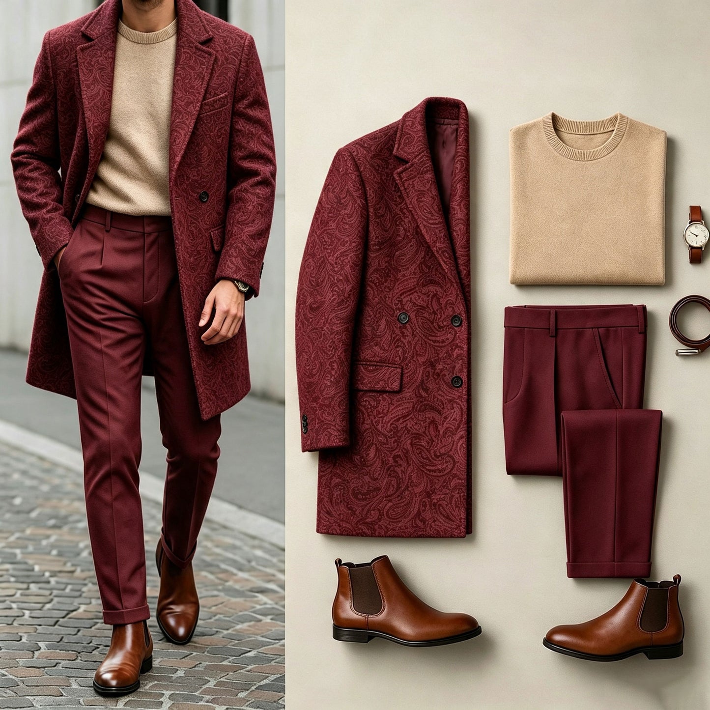 Men's Red Three-Piece Set: Mid-Length Wool Coat, Crew-Neck Sweater, and Flowy Dress Pants
