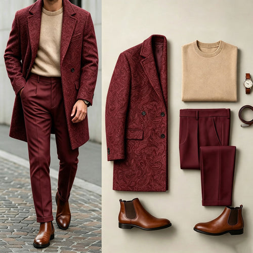 Men's Red Three-Piece Set: Mid-Length Wool Coat, Crew-Neck Sweater, and Flowy Dress Pants