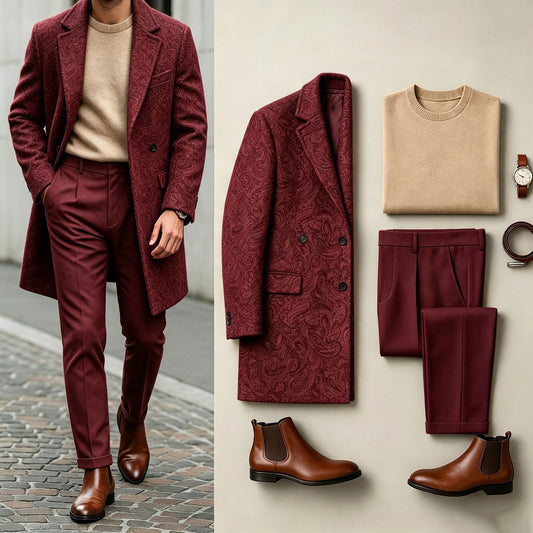 Men's Red Three-Piece Set: Mid-Length Wool Coat, Crew-Neck Sweater, and Flowy Dress Pants