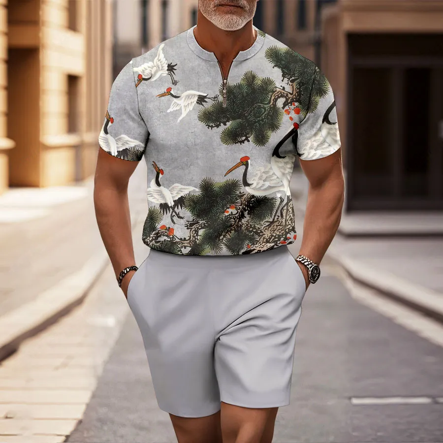 Men's Casual Grey Crane Half-Zip Short-Sleeved Shirt And Shorts Two-Piece Set