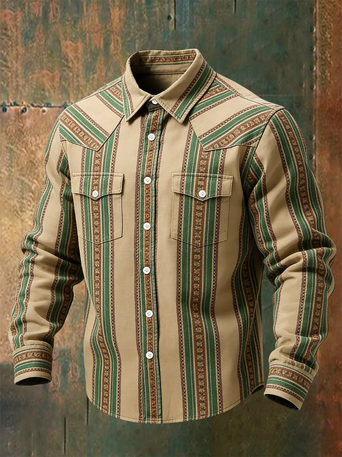Men's Vintage Striped Western Long-Sleeved Shirt