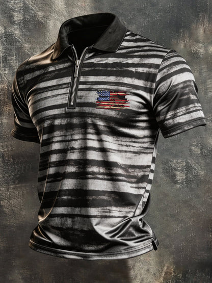Men's Retro "Patriot" Color-Block Short-Sleeve Half-Zip Polo Shirt