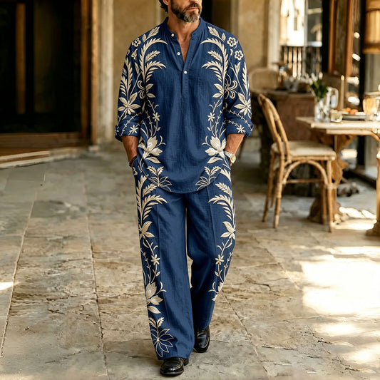 Men's Vine-Print Stand-Collar Polo Shirt and Pants Set