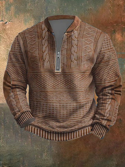 Men's Vintage Knit Print Zip-Up Sweatshirt