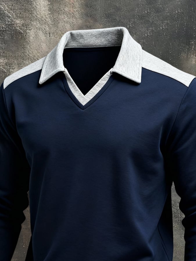 Men'S Vintage Color-Block Long-Sleeved Sweatshirt With Seagull Collar