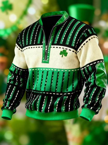 (Detachable Shamrock Brooch Included) Men's Casual St. Patrick's Day Color-Block Half-Zip Stand-Collar Long-Sleeved Sweatshirt