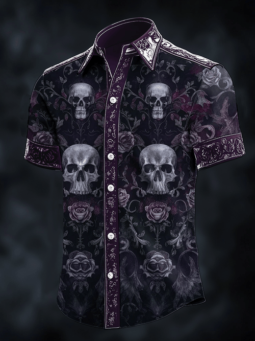 Men's Dark Skull Print Satin Short Sleeve Shirt