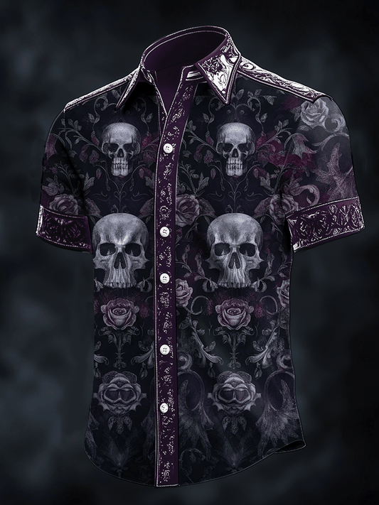 Men's Dark Skull Print Satin Short Sleeve Shirt