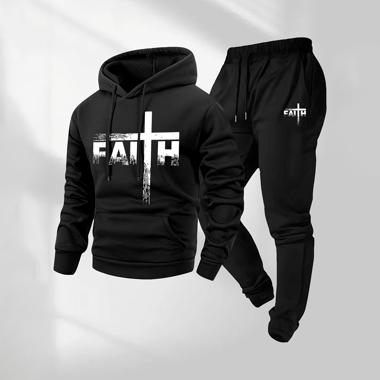 Men's Faith Letter Pattern Print Hoodie and Drawstring Sweatpants Set, Menswear, Casual Athletic Long Sleeve Hooded Jacket & Trousers for Fall & Winter, Men's Clothing for Daily Wear, Sportswear Indoor Outdoor, Tracksuit, Athleisure