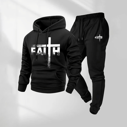 Men's Faith Letter Pattern Print Hoodie and Drawstring Sweatpants Set, Menswear, Casual Athletic Long Sleeve Hooded Jacket & Trousers for Fall & Winter, Men's Clothing for Daily Wear, Sportswear Indoor Outdoor, Tracksuit, Athleisure