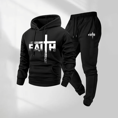 Men's Faith Letter Pattern Print Hoodie and Drawstring Sweatpants Set, Menswear, Casual Athletic Long Sleeve Hooded Jacket & Trousers for Fall & Winter, Men's Clothing for Daily Wear, Sportswear Indoor Outdoor, Tracksuit, Athleisure