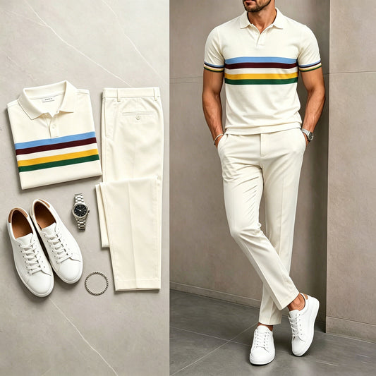 Men's Casual White Geometry Printed Polo Shirt And Pants Two-Piece Set