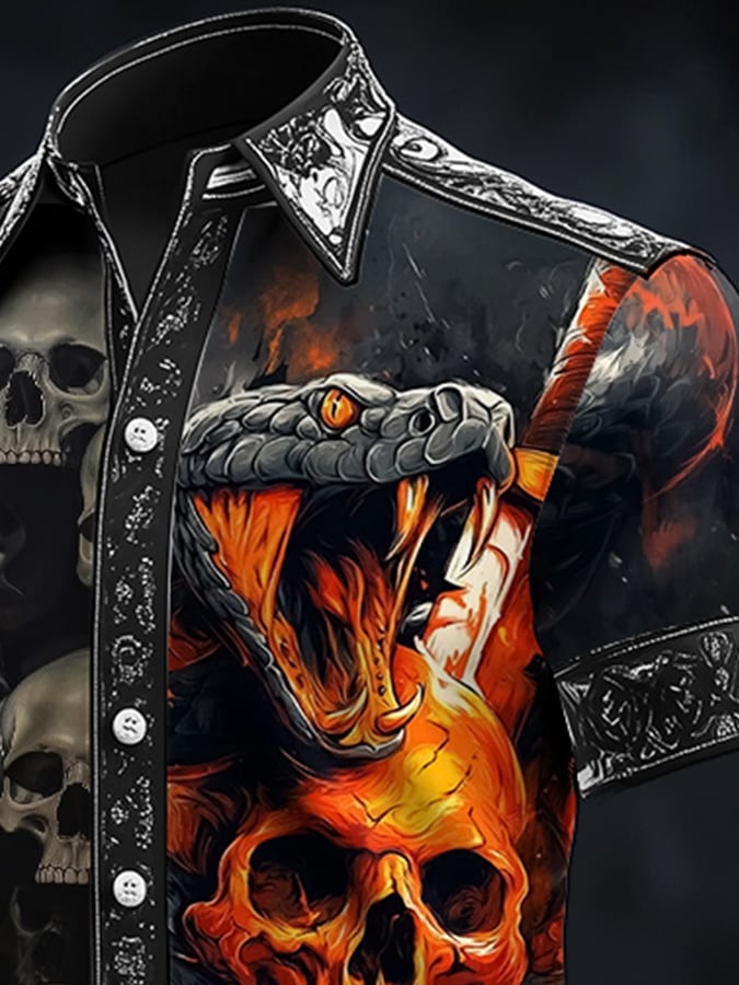 Men's Casual Dark Skull Art Satin Shirt