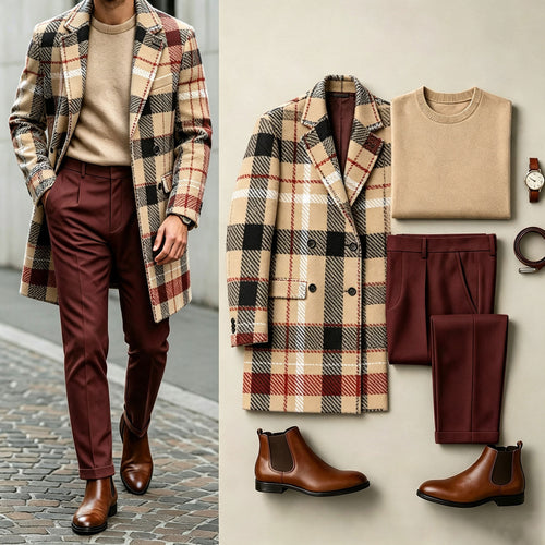 Men's Plaid Three-piece Set: Mid-Length Wool Coat, Crew-Neck Sweater, and Flowy Dress Pants