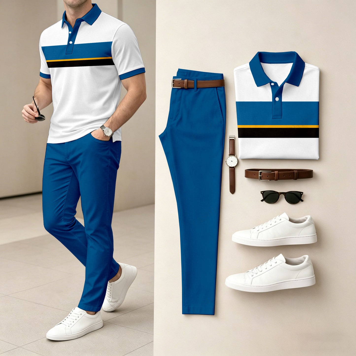 Men's Casual Blue Geometry Printed Polo Shirt And Pants Two-Piece Set